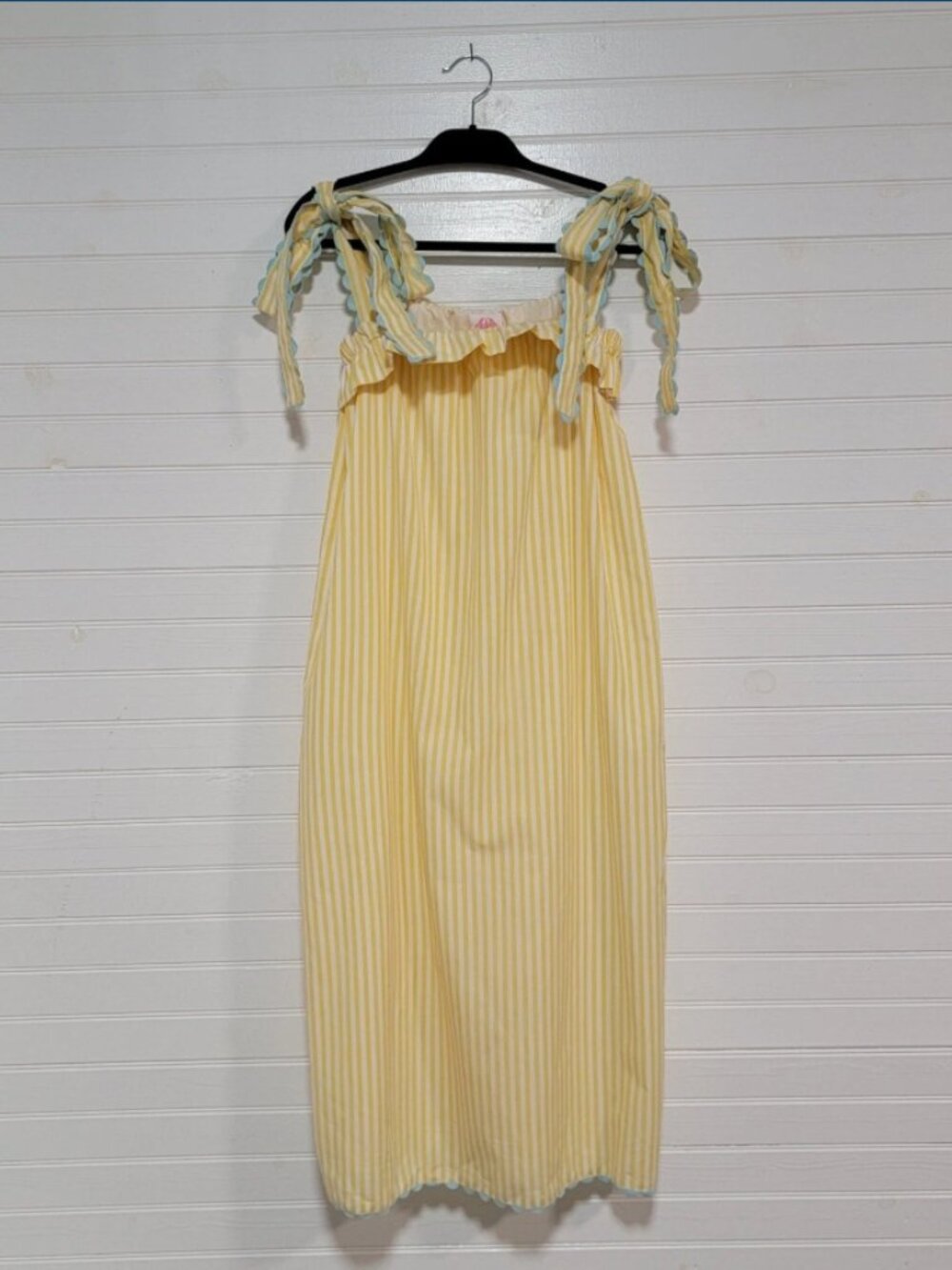 Elizabeth Wilson XS Long Midi Dress Yellow Stripe Scallop Slit Preppy Picnic